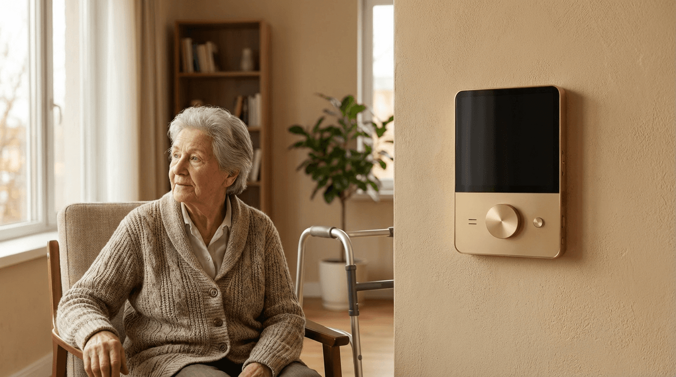 Three elderly people in a living room, comfort and connection
